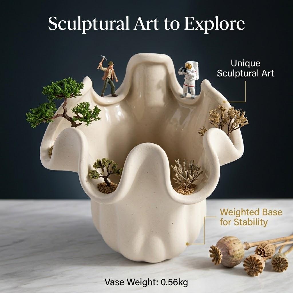 "Vaso Ondulato Scultoreo Artigianale – Decorazione in Ceramica Organica per Casa Minimalista Moderna"