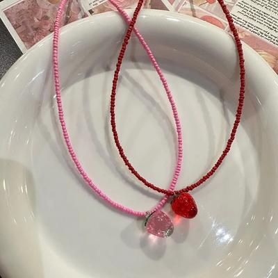 Strawberry Sweet Necklace Korean Handmade Beaded Rice Beads Sweet Cool Wind Clavicle Chain Fashion Jewelry