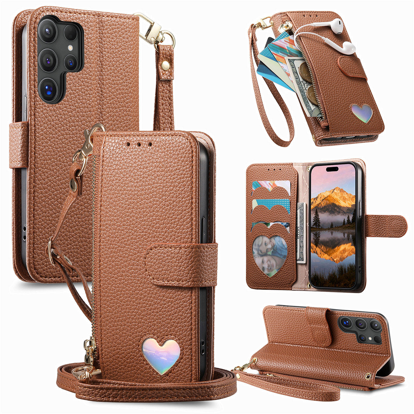 

Crossbody Zipper Cards Solt Wallet Leather Phone Case for Samsung S26 Ultra S25 Plus S24 A57 A56 Long Lanyard Love Patten Cover Galaxy S23+ світло-коричневого кольору