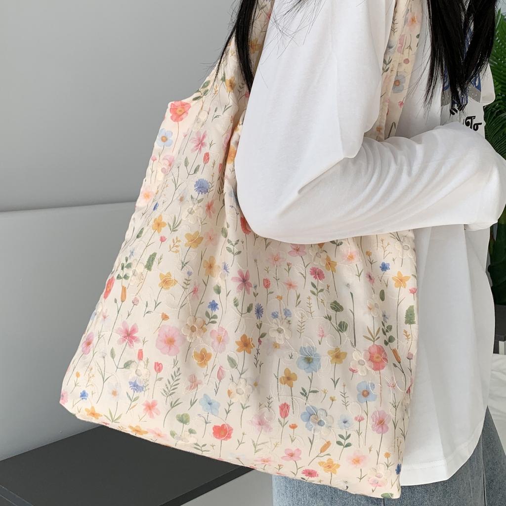 Korean Embroidered Floral Canvas Tote Bag Women's Single Shoulder Bag Casual Floral Printed Canvas Handbag Shopping Bag