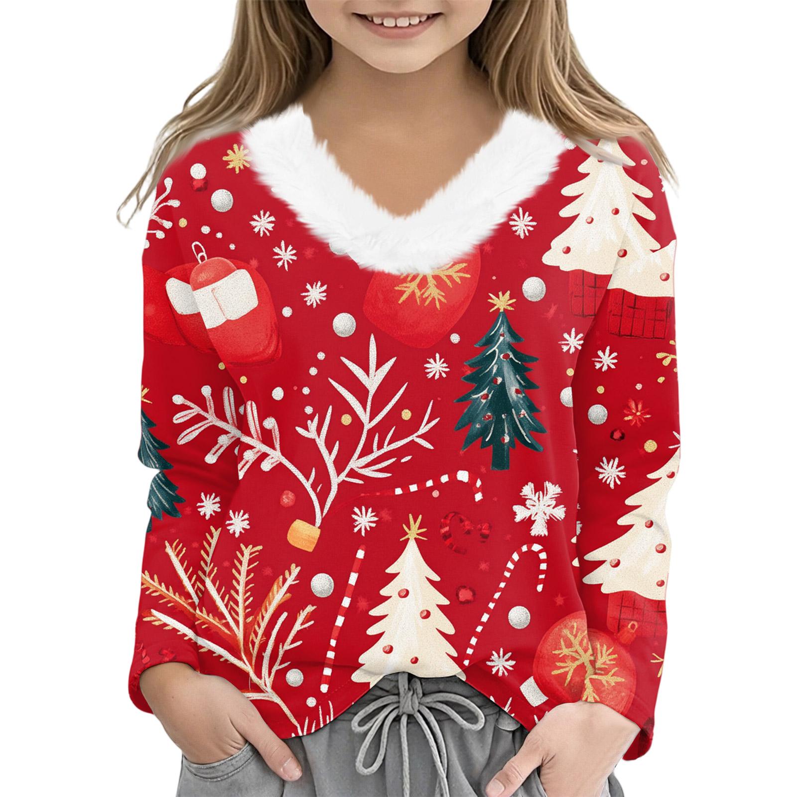 

Christmas Day Girls Long Sleeve T Shirts Kids Girls V-Neck Tee Christmas Print Long Sleeve Top 100 червоний
