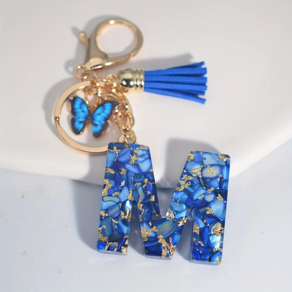 1pc Custom Blue Alphabet Letter Keychain with Butterfly Pendant Resin Ladies Key Ring with Tassel - Elegant Accessory for Bags Backpacks