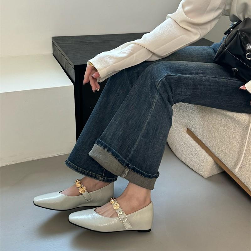 Inner Height Increase Korean Version Square Head Metal Buckle Mary Jane Flat-soled Single Shoes 2025 Spring and Autumn Outer Wear Comfortable Soft-so