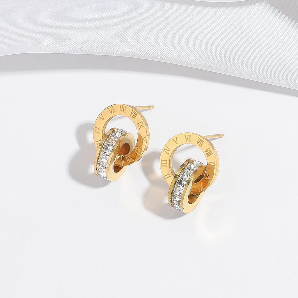 Luxury Rhinestone Roman Circle Stud Earrings: European-American Fashion, Versatile High-End Titanium Steel