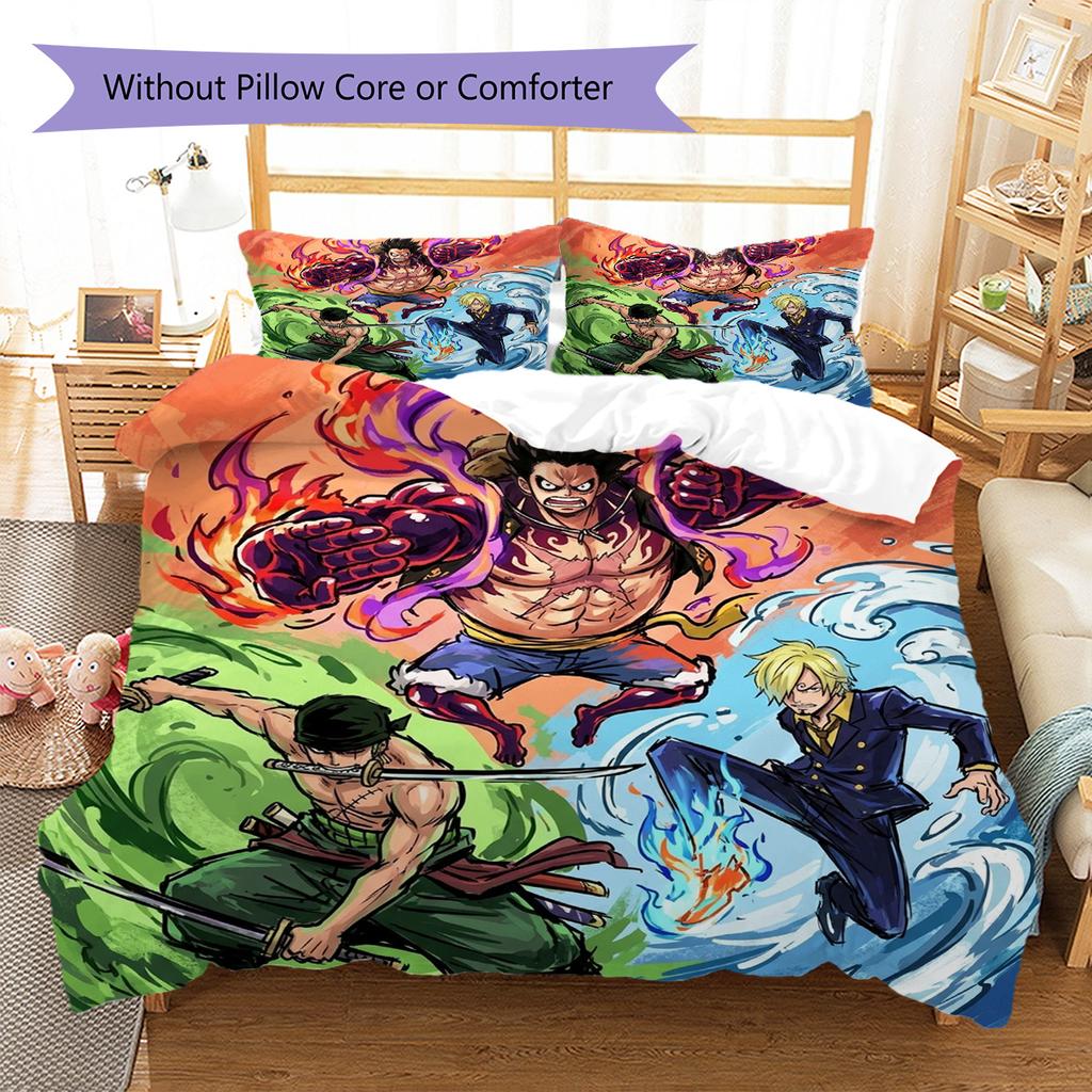 One Piece Luffy Pattern Bedding Quilt Set Quilt Cover Pillowcase Home Decoration Birthday Gift (1 * Duvet Cover + 2 * Pillowcase, Without Core)