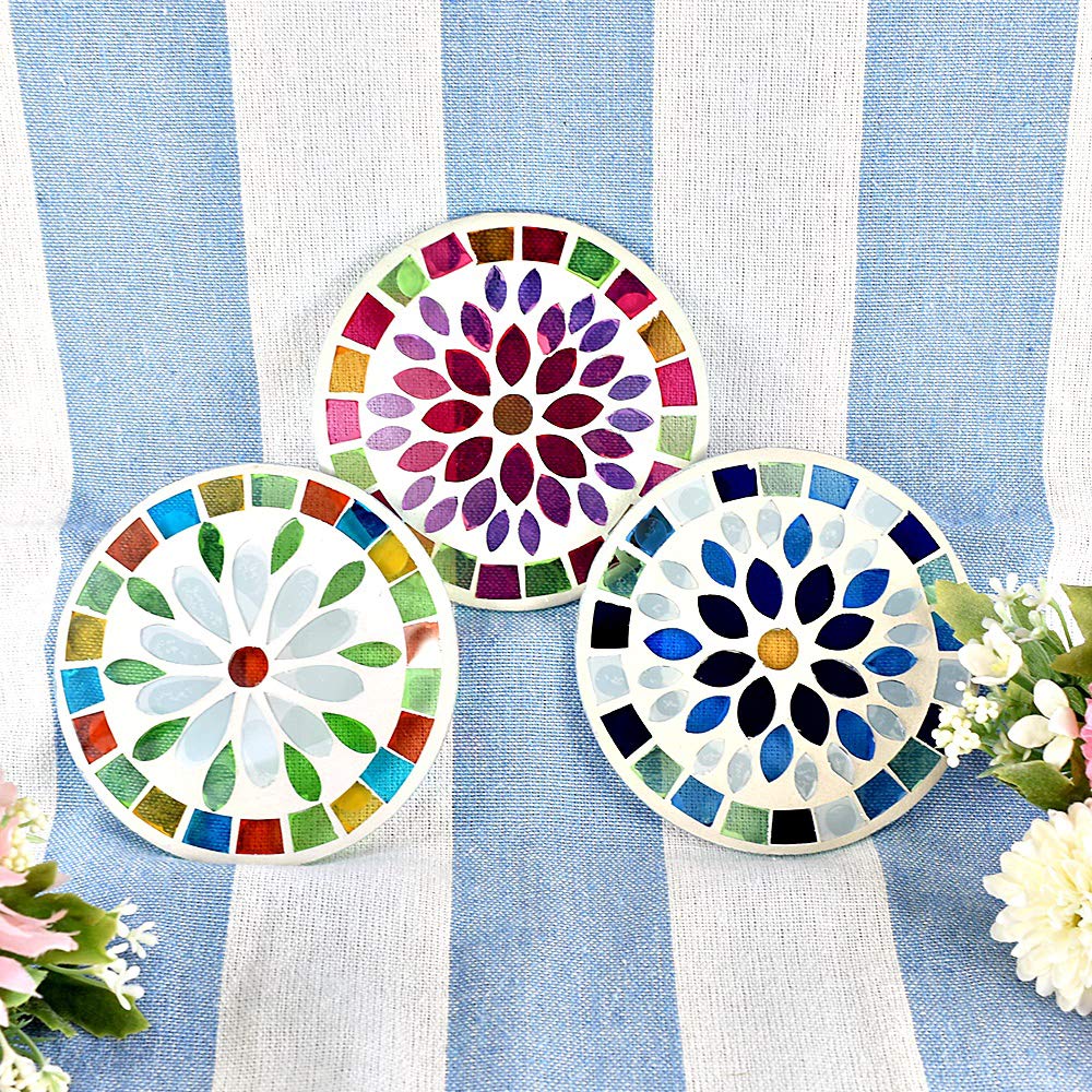Fourcart Cute Handmade Glass Mosaic Coasters, Flower Blue, Set of 5