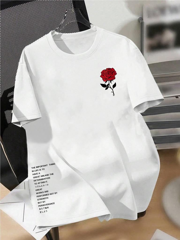 2026 Women Lady Men's Rose Print Crew Neck Short Sleeve T-Shirt Summer Fashionable Casual Top