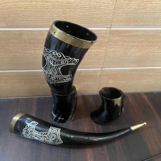 Set of 2 Viking Drinking Horn Natural Drinking Horn with Stand Polished Finish, Brass Trim Knob