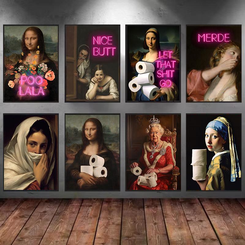 Funny Bathroom Toilet Mona Lisa Wearing Pearls Girl with Roll Paper Poster Print Canvas Painting Wall Art Living Room Home Decor