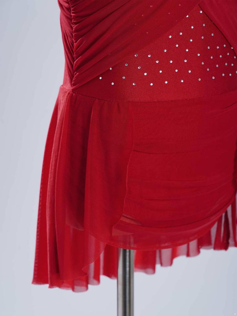 Girls Lyrical Dance Dress Cross Mesh Overlay Cutout Back Design Shiny Rhinestones Irregular Hem Figure Skating Gown