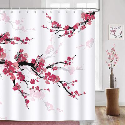 Cortina de Chuveiro de Poliéster Lavável Impermeável Rosa Flor de Cerejeira 180x 200cm Cortina de Chuveiro para Banheiro com 12 Ganchos