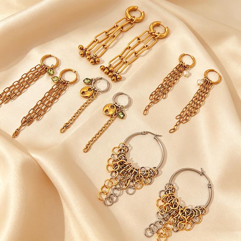 European and American Retro Chain Earrings Contrasting Color Water Droplets Fringed Long Jewelry