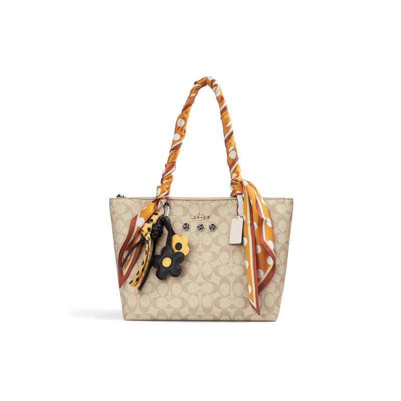

COACH shoulder bag [Customized bag] Zip Top Tote 29 Yiduo Metal pendant Ribbon decoration fashionable and casual Versatile delicate Shadow Flowers золотий