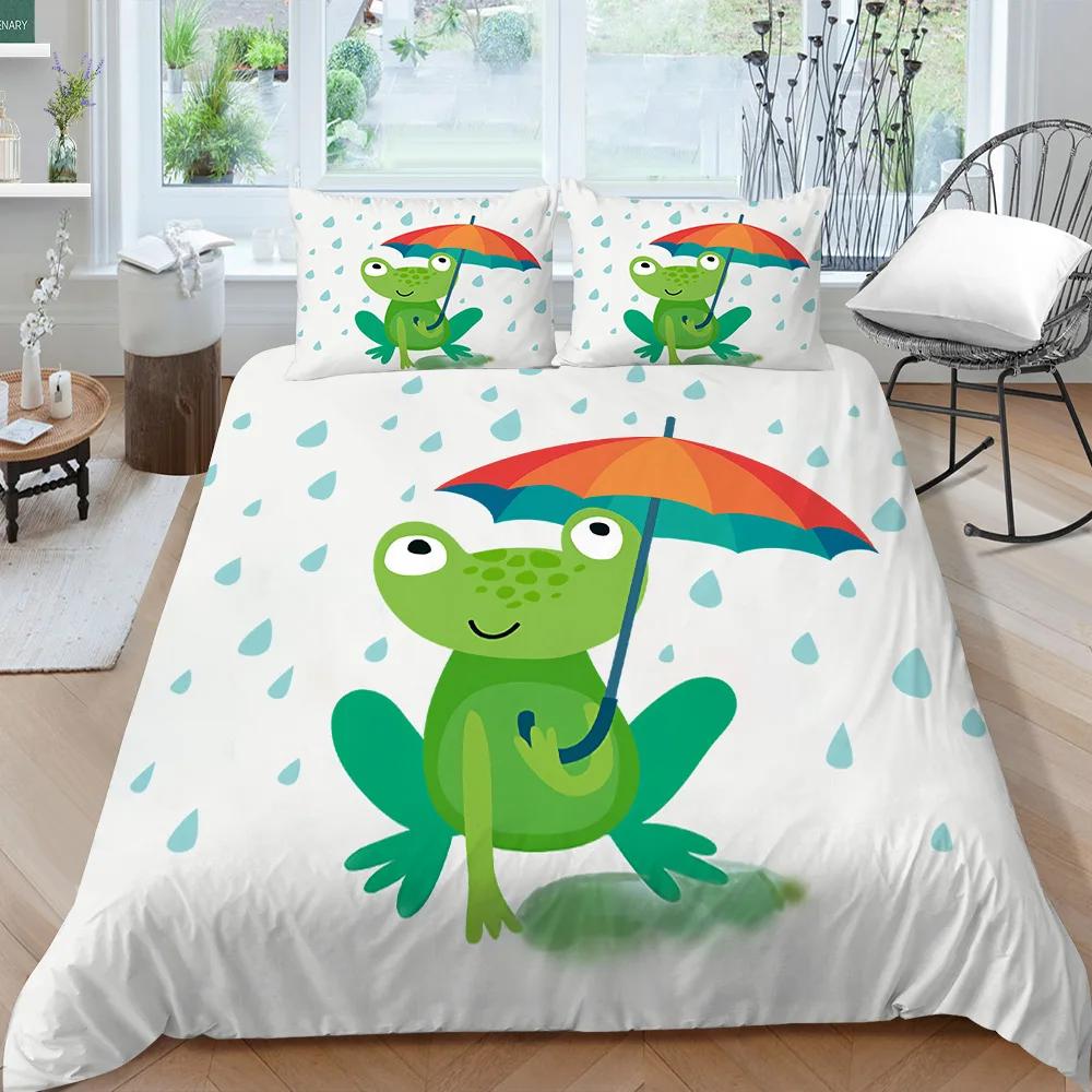 Cartoon Frog Duvet Cover Set King/Queen Size Reptile Animal Theme Bedding Set Cute Green Frog Polyester Comforter Cover for Kids