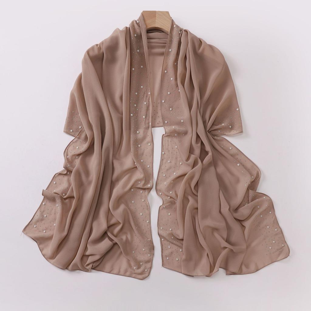 Pearl Chiffon Scarf With Ceramic Diamond Long Shawl For Women