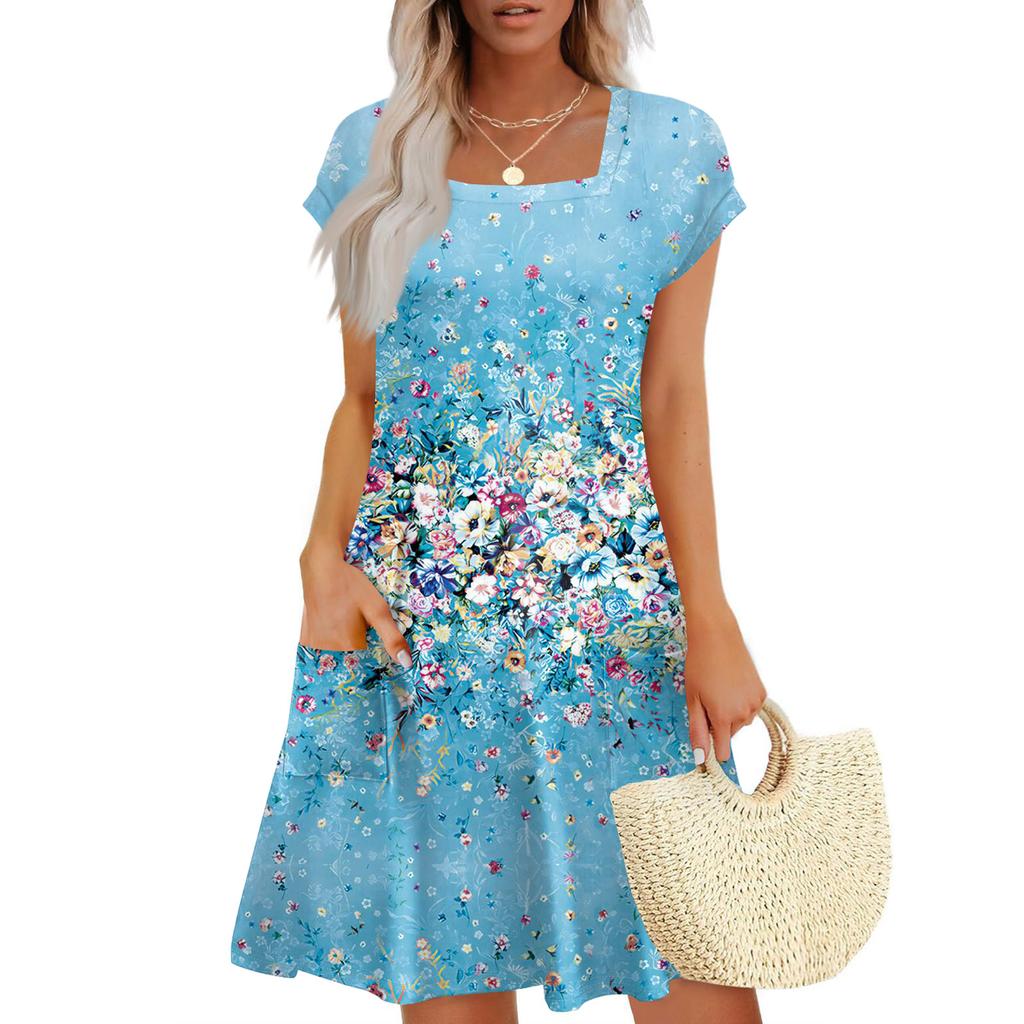 Summer Dresses For Women Loose Square Neck Cap Sleeve Casual Beach Vacation Tshirt Dress Sundresses With Pockets