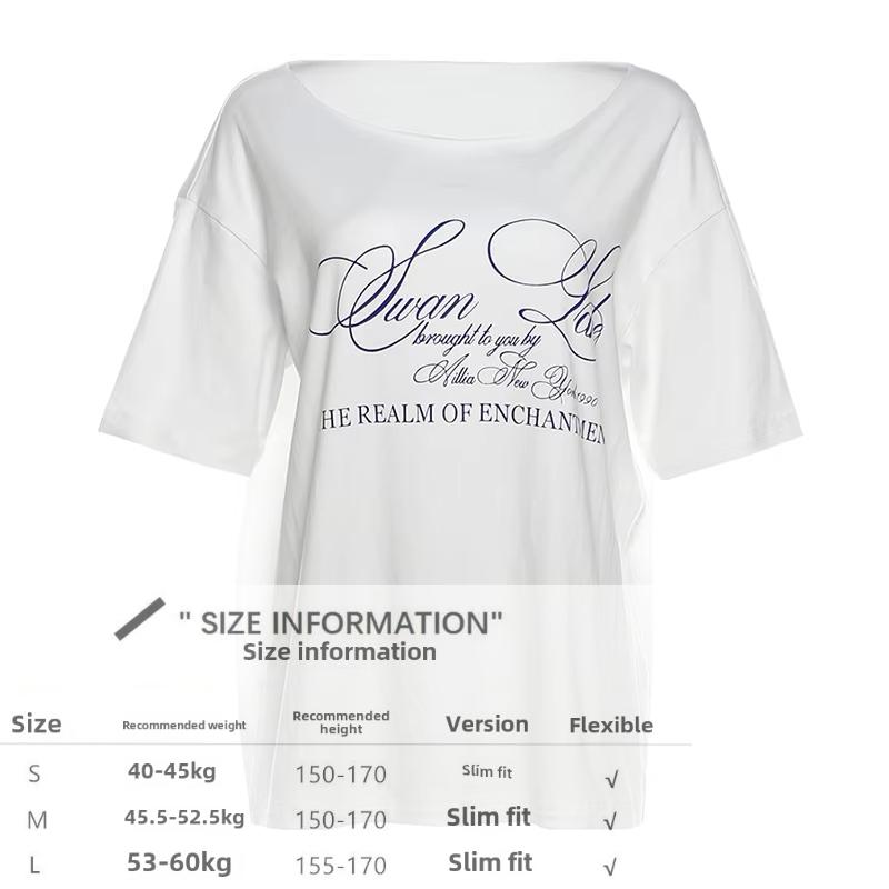 Y2k Estetisk Casual Off Shoulder T-shirt Lös Bokstavstryck Harajuku T-shirts Grunge Vintage Streetwear Oversized T-shirts