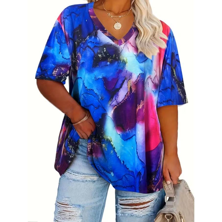 XL-7XL Damski T-shirt Plus Size z Gradientem, Casualowy, z Nadrukiem 3D, Luźny, z Dekoltem w Serek, z Krótkim Rękawem