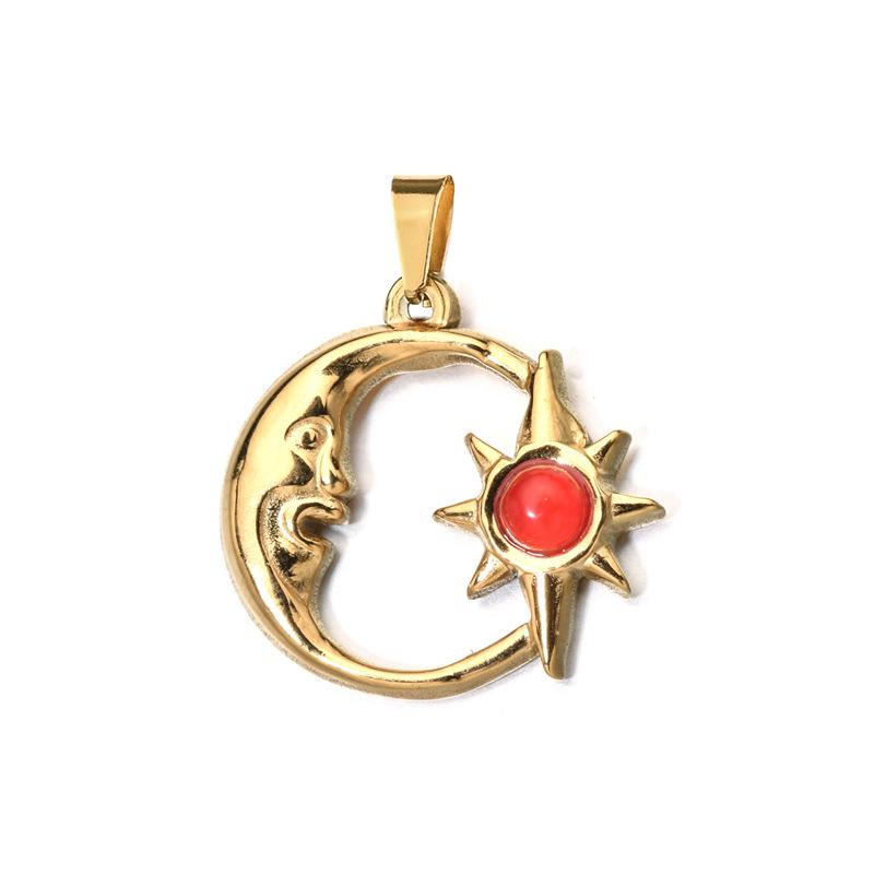 European Retro Sun and Moon Stainless Steel Pendant with Semi-Precious Stone Charm for Women.