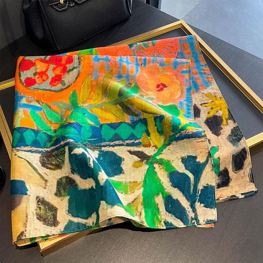 1116 Summer a Variety of Hot-selling Classic Versatile Polka Dot Floral Printing Silk Scarf Thin Sunscreen Silk Cotton Square Scarf