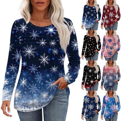 Damska modna, swobodna, świąteczna, nadrukowana, plisowana, okrągła, z długim rękawem, koszulka z krótkim rękawem