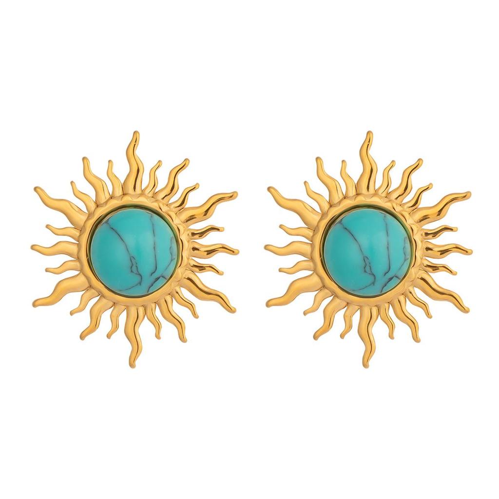 Xia Ling Retro Blue Cat's Eye Sun Stud Earrings & Open Ring, 18K Gold-Plated Stainless Steel, Non-Fading Jewelry