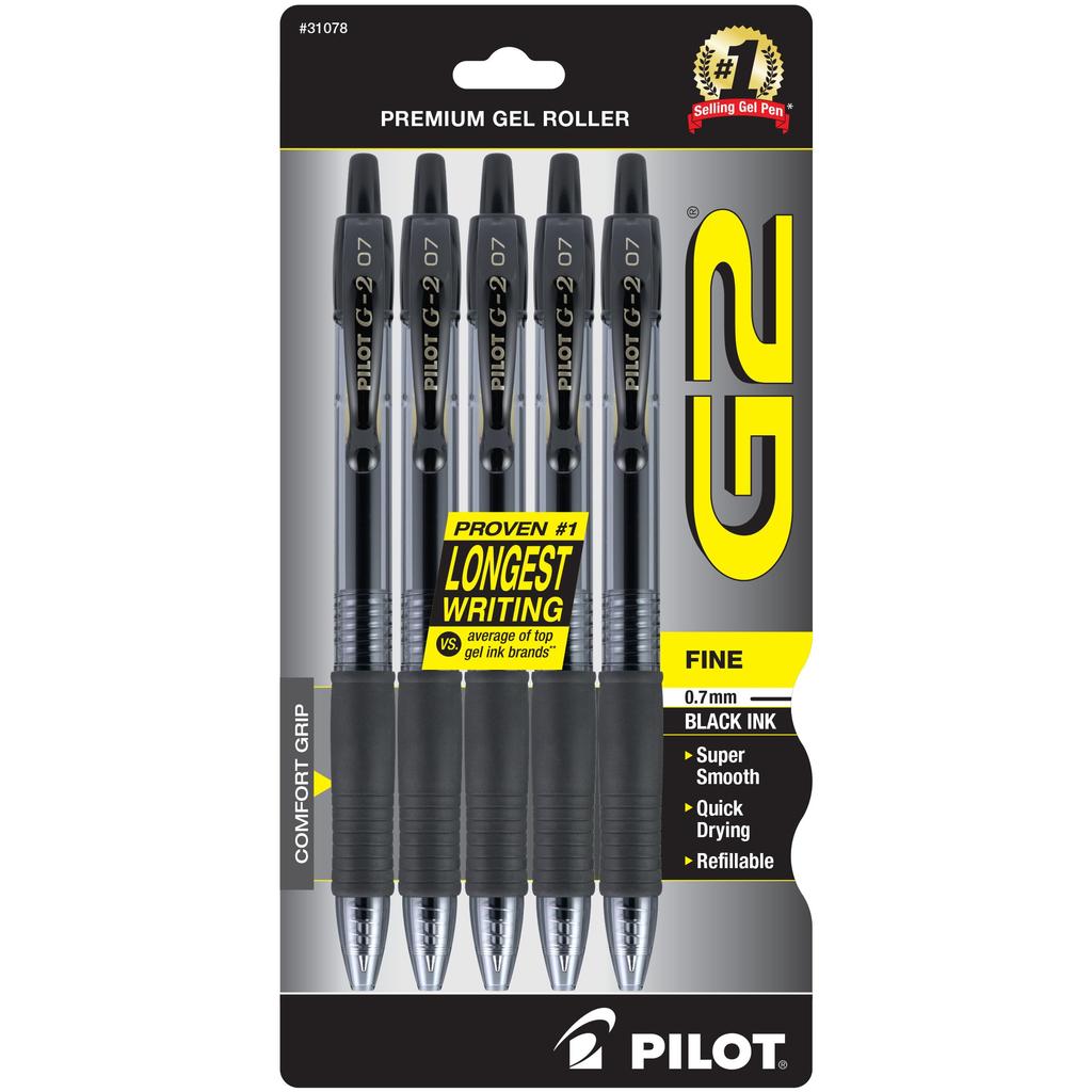 Pilot G2 Premium Gel Ink Rollerball Knock-Style Pen, 5-Pack