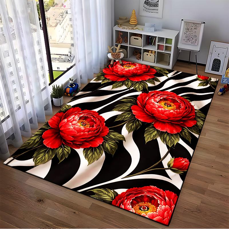 Red Peony Flower Carpet with Black and White Abstract Stripes Pattern Suitable for use as an anti-slip for living room bedroom sofas