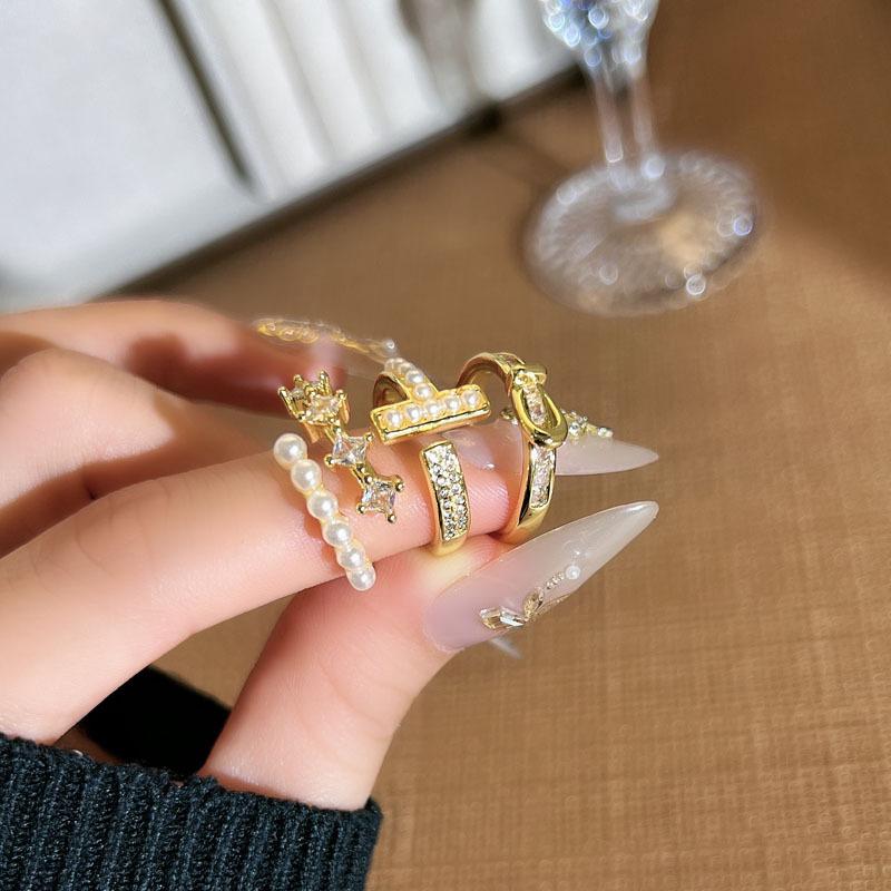 2026 Geometric Retro High-end Pearl Mix and Match Fashion Open Ring Women's Simple Temperament Niche Design Ring Tide