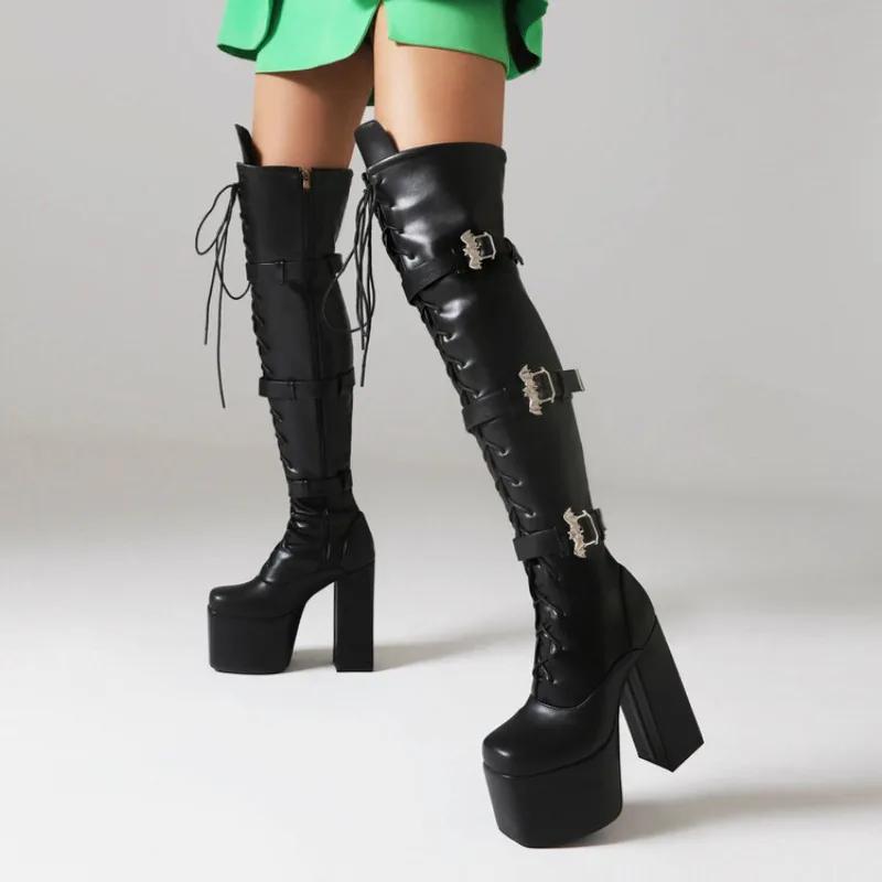 High Heeled Over The Knee Women'S Boots With A Square Buckle And Round Toe Platform Boots Thick Heel Women Shoes Plus Size43