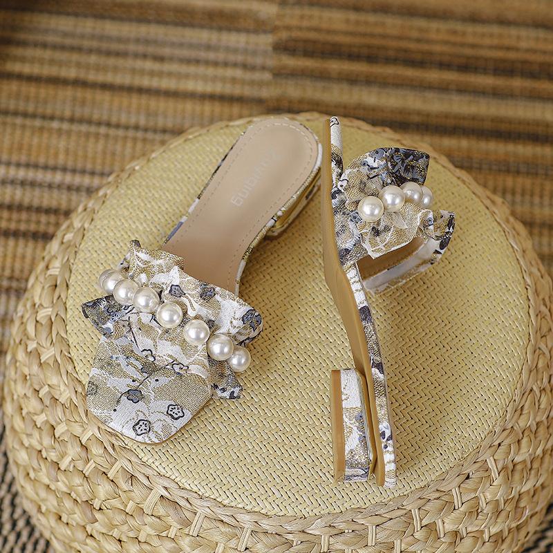 Fashion embroider ruffles low heel slippers women pearl beading flip flops mixed color printing slides sandalias de tacón big size 43
