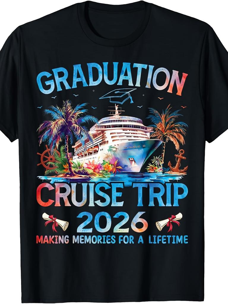 Class of 2026 Graduation Cruise Trip Senior Vacation Family T-Shirt Retro Casual Short-Sleeved T-Shirt with Round Neck A