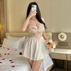 Rochie de noapte cami din satin cu petice de dantelă Sexy Decolteu adânc Decor cu fundă Lenjerie scurtă Îmbrăcăminte de casă 416 Îmbrăcăminte de dormit dulce seducătoare cu accente romantice de fundă