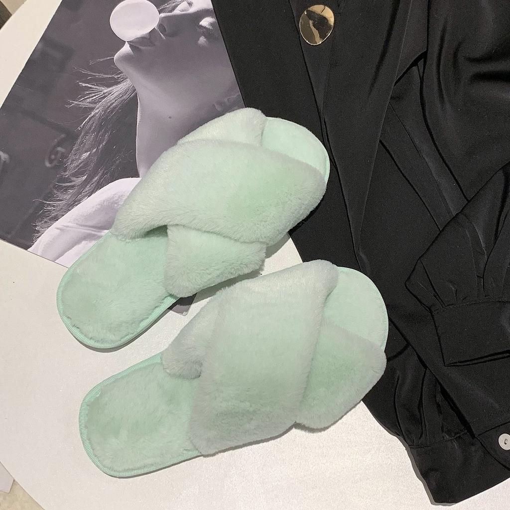 Winter New Women Slippers Faux Fur Cross Fluffy Flat Slippers Women's Home Floor Flip Flops Fashion Plush Warm Slippers WSH3748