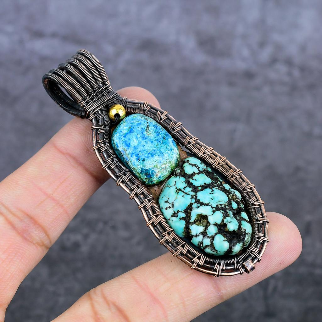 Natural Tibetan Turquoise Gemstone Copper Wire Wrap Jewelry Pendant 3.15" Z6F62