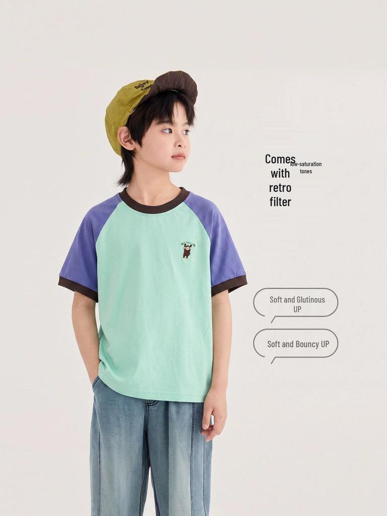 2026 Boys' Summer Loose Casual Color Block T-shirt - Breathable, Sweat-Wicking, Fashionable Short Sleeve