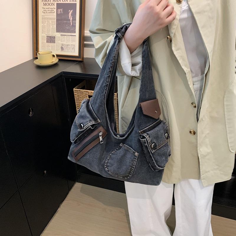 Washed Denim Slouchy Hobo Bag with Multi Pocket Design and Ruched Strap Casual Shoulder Purse for Women Daily Travel