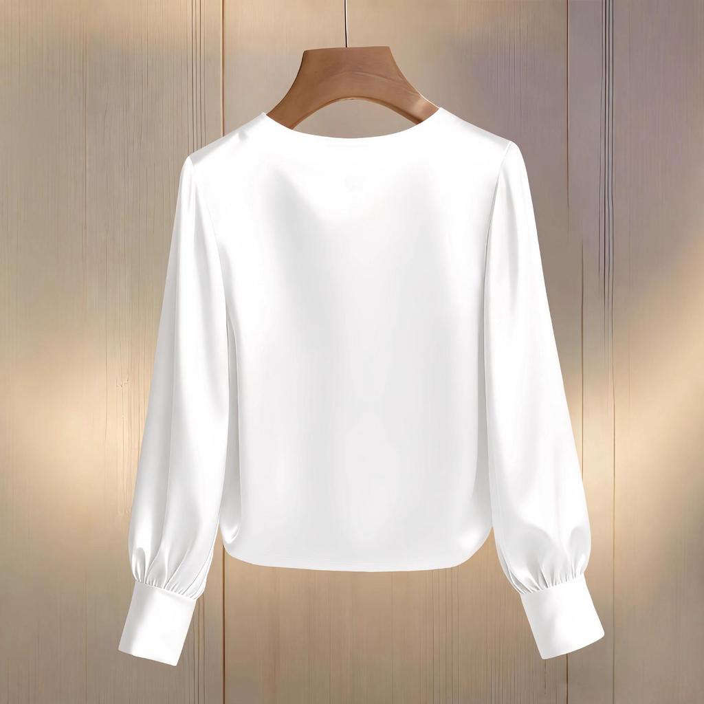 Elegant Solid Color Beaded Satin Long Sleeve Blouse, New 2025 Style