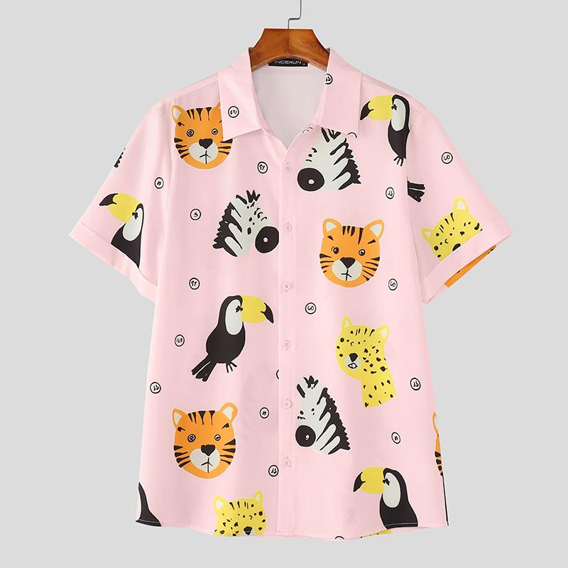 

INCERUN Men Cartoon Print Short Sleeves Casual Loose Shirts Tops L розовый