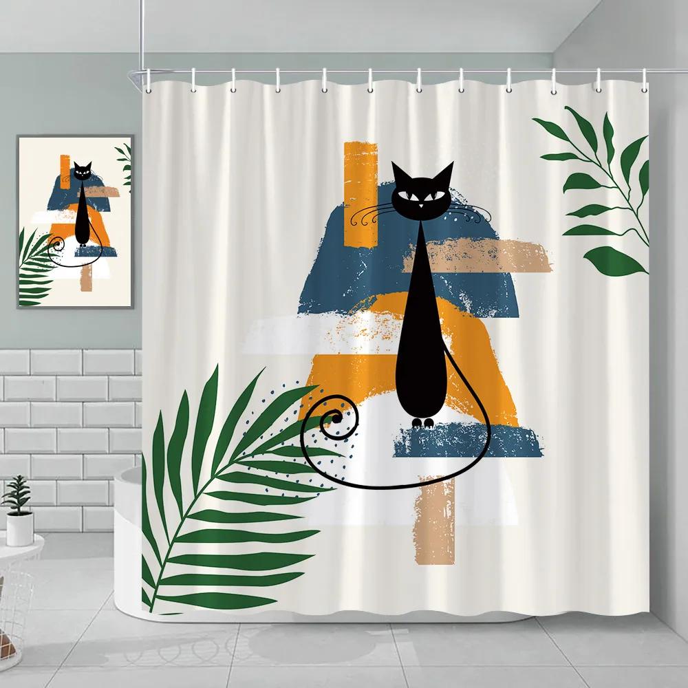 Bohemian Shower Curtain Cat Romantic Mid Century Modern Minimalist Abstract Lines Geometric Tropical Plants Bathroom Decoration