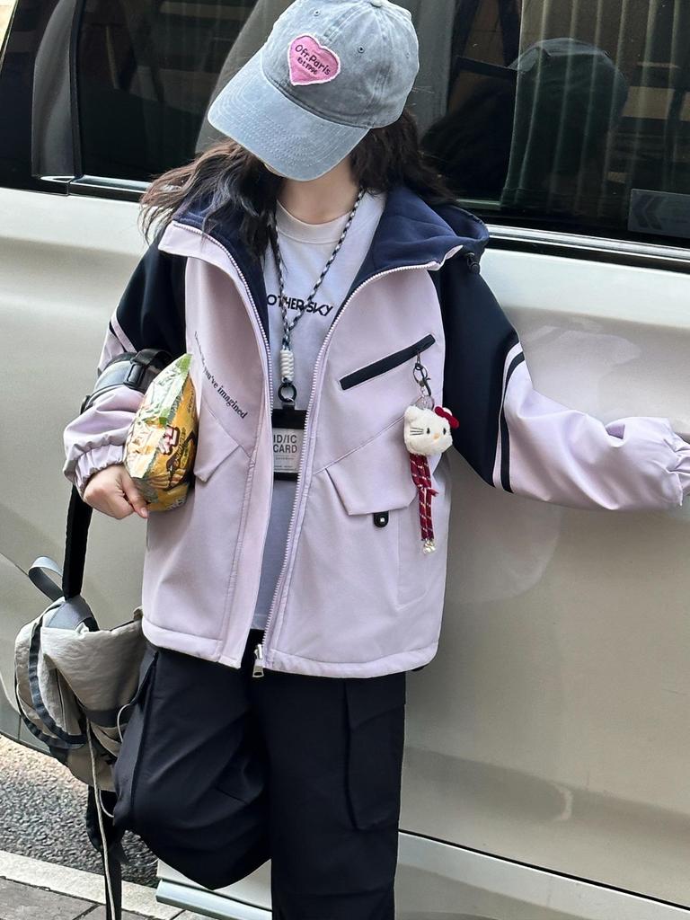 Girls' Reversible Hooded Mid-Length Fleece-Lined Windbreaker (2025 Autumn/Winter Collection)