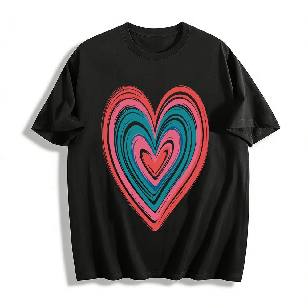 Retro Wavy Heart Print Casual Short Sleeve T-shirt Pure cotton T-shirt XXS