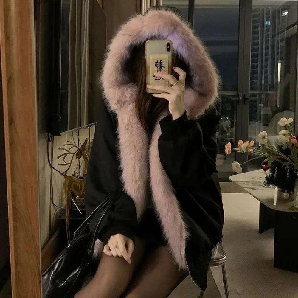 Double-Sided Warm Fur Coat Women Autumn Winter Loose Thicken Plush Cotton Coat Hooded Imitation Mink Fur Outwear