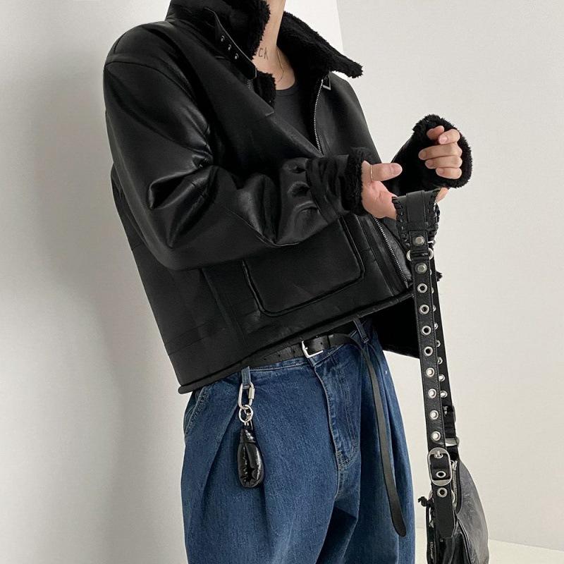 Fur Integrated Stand Collar Motorcycle Leather Jacket for Men In Winter Korean Style Loose Retro Jacket Thickened Cotton Coat