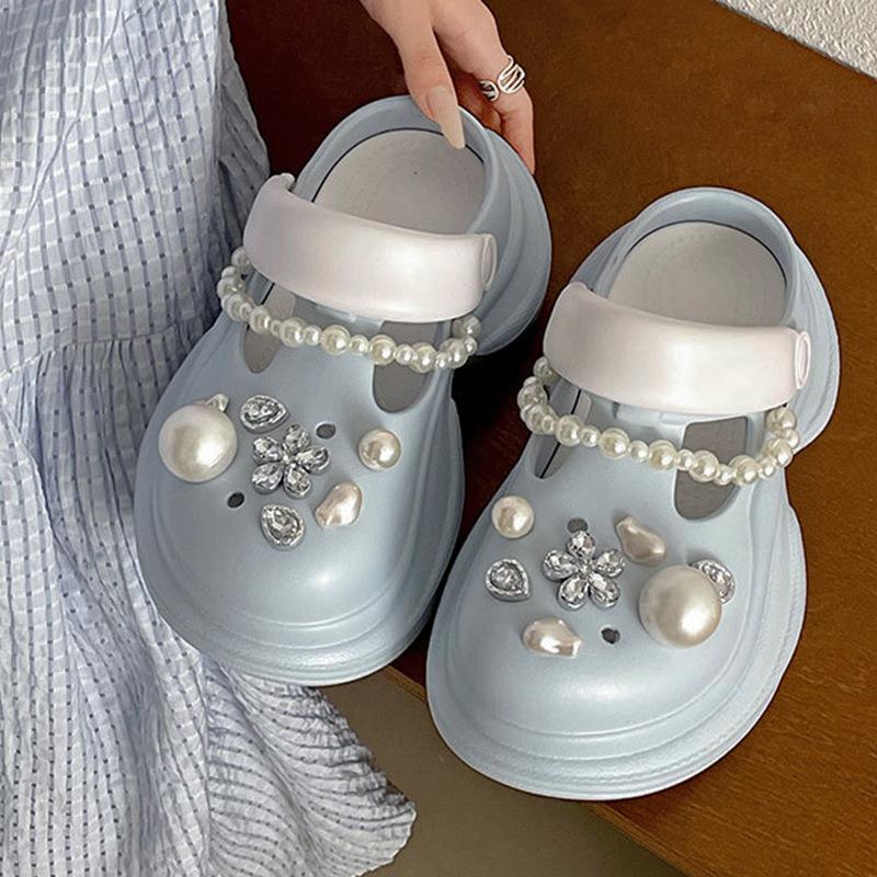 

Thick-soled heightening hole shoes women s outer wear summer new non-slip rhinestone pearl beach shoes cool slippers women 40 синий