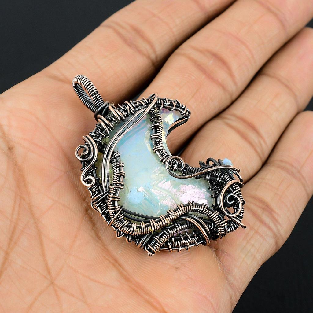 Aura Shell Crescent Moon Shape Pendant, Handmade Gemstone 999 Copper Wire Wrapped Pendant Antique Jewelry, For Gift Silver Jewelry