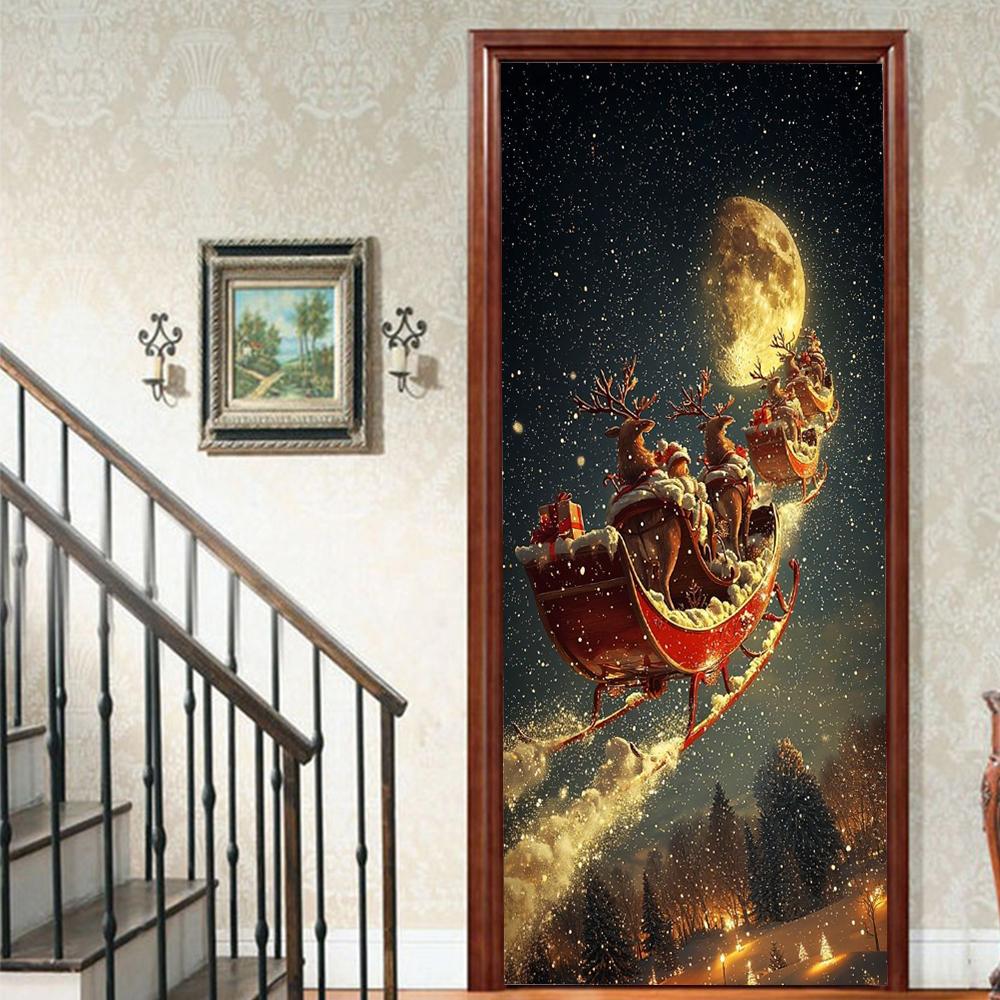 Christmas Santa Claus PVC Self-Adhesive Waterproof Door Sticker Modern Simulation Door Mural Wallpaper Living Room Study Home Decor Art Door Poster