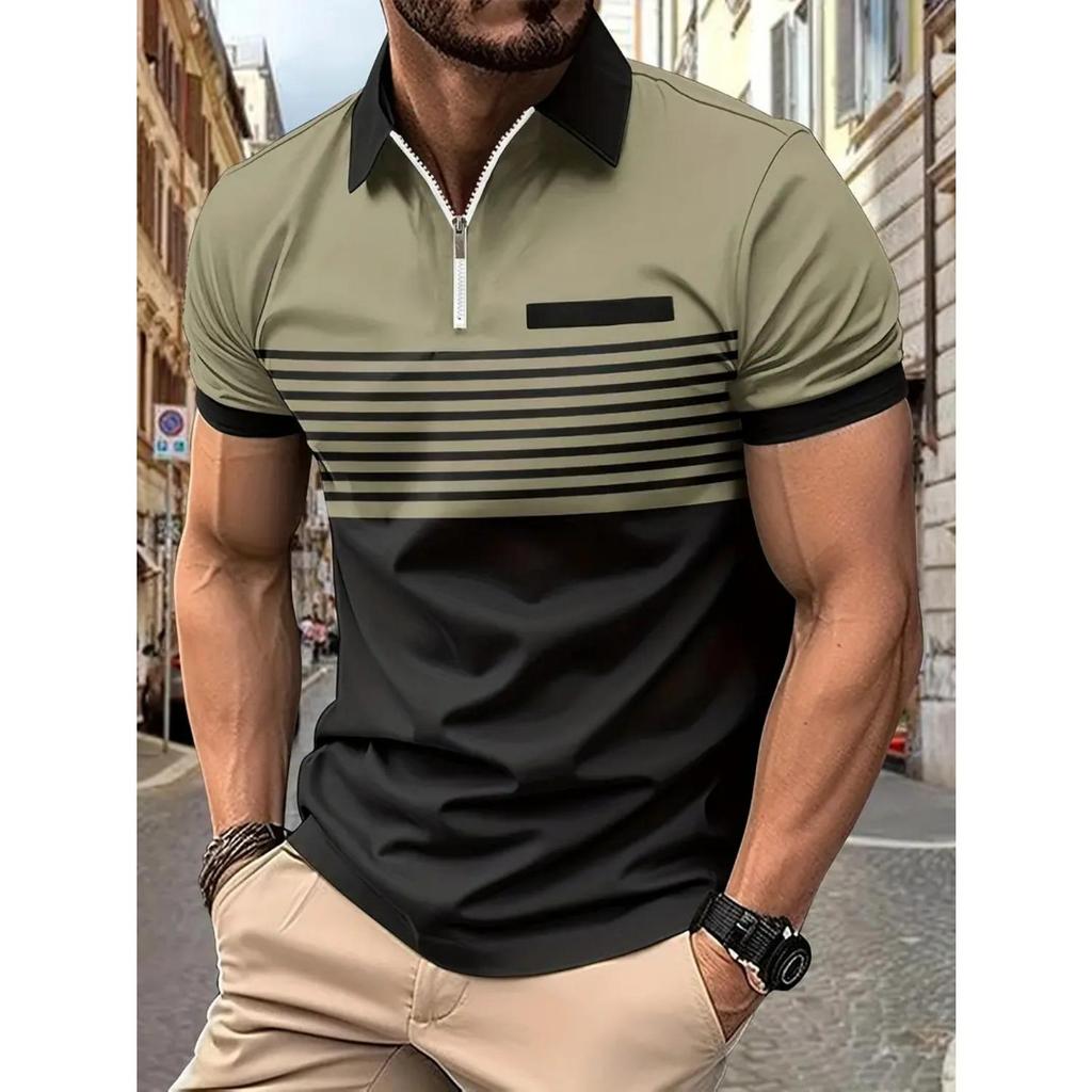 New Striped Printed Short Sleeve Top Men's Casual Lapel Zip Polo Shirt Polo