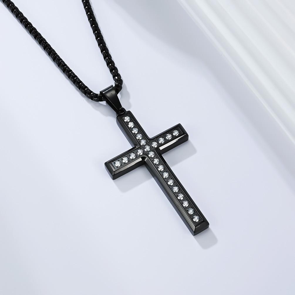 Fashion Trend Jewelry Titanium Steel Inlaid Diamond Cross Necklace Men's and Women's Simple High-end Cross Pendant