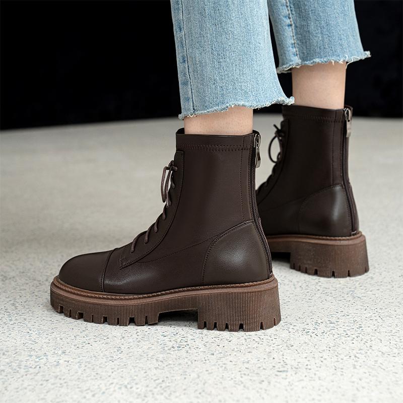 Fashion 2024 New Genuine Leather Winter ZIP Women Boots Fashion Round Toe Chunky Heel ANKLE Boots Platform Shoes Women Shoes Stretch